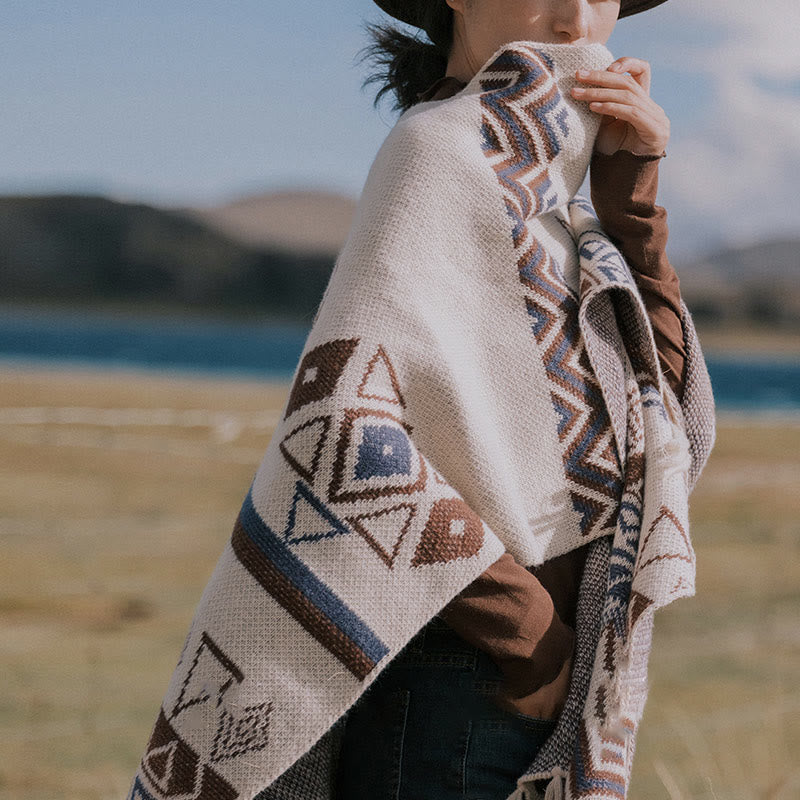 Buddha Stones Tybetańskie Fale Paski Geometria Frędzle Szal Jesień Zima Przytulny Szalik Otulacz - image 7