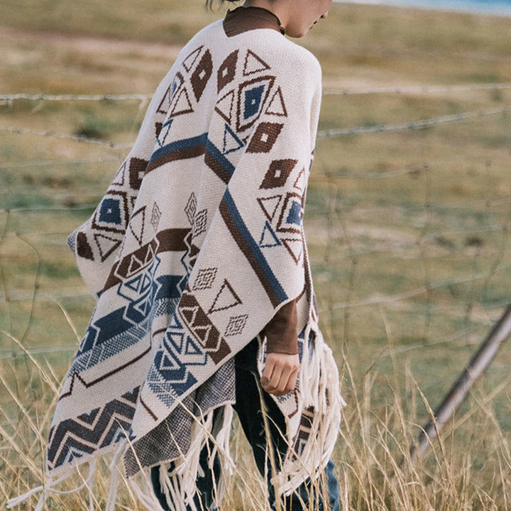 Buddha Stones Tybetańskie Fale Paski Geometria Frędzle Szal Jesień Zima Przytulny Szalik Otulacz - image 4