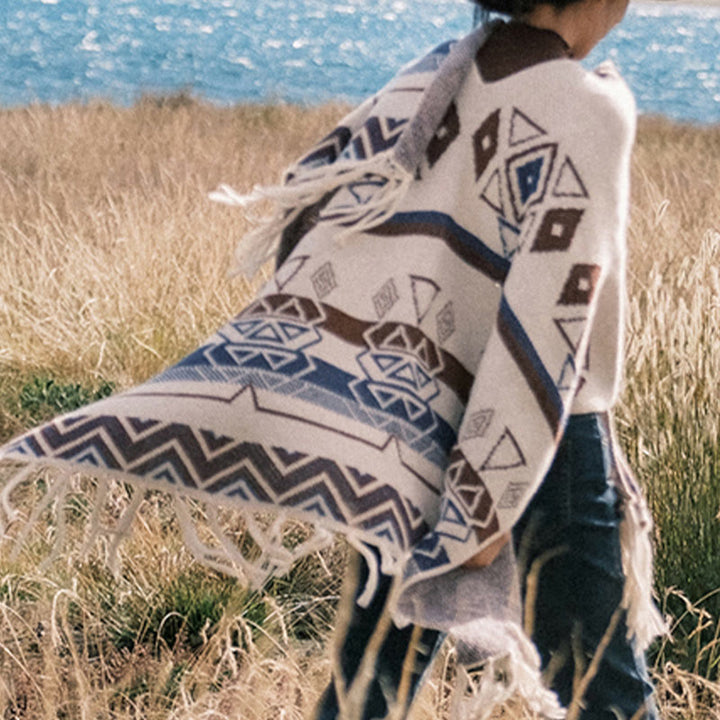 Buddha Stones Tybetańskie Fale Paski Geometria Frędzle Szal Jesień Zima Przytulny Szalik Otulacz - image 13