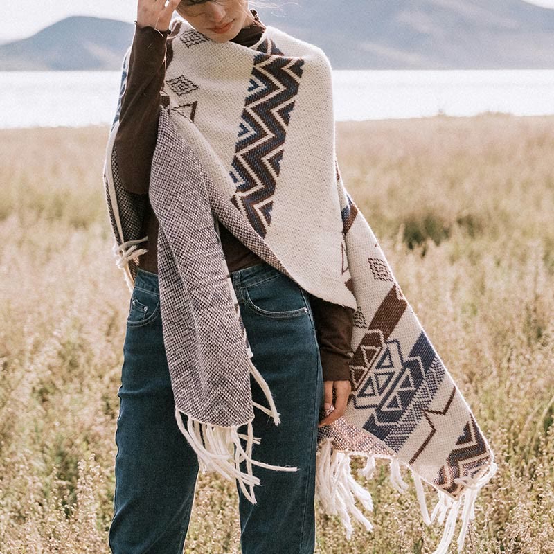 Buddha Stones Tybetańskie Fale Paski Geometria Frędzle Szal Jesień Zima Przytulny Szalik Otulacz - image 11