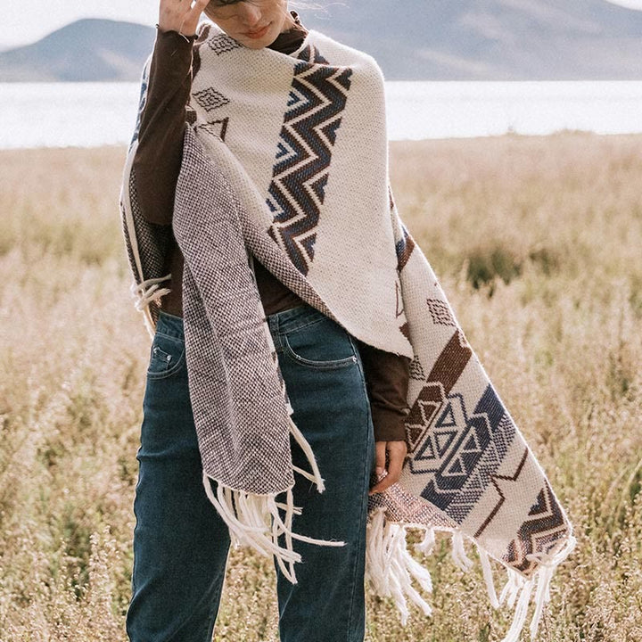 Buddha Stones Tybetańskie Fale Paski Geometria Frędzle Szal Jesień Zima Przytulny Szalik Otulacz - image 11