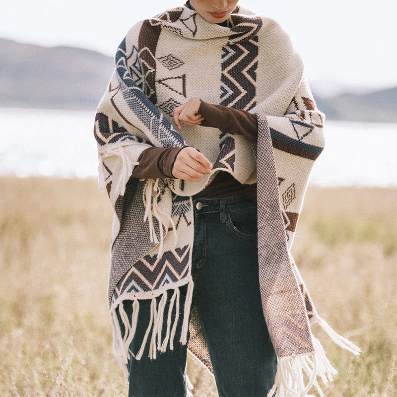 Buddha Stones Tybetańskie Fale Paski Geometria Frędzle Szal Jesień Zima Przytulny Szalik Otulacz - image 3