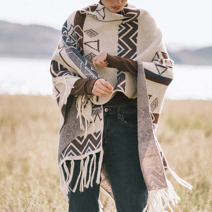 Buddha Stones Tybetańskie Fale Paski Geometria Frędzle Szal Jesień Zima Przytulny Szalik Otulacz - image 3
