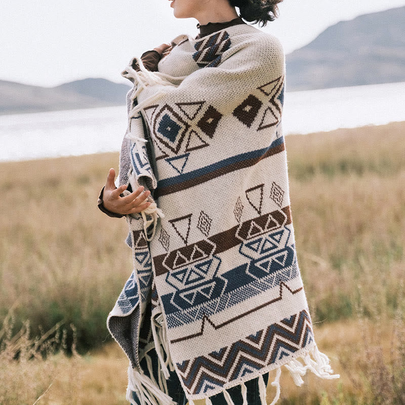 Buddha Stones Tybetańskie Fale Paski Geometria Frędzle Szal Jesień Zima Przytulny Szalik Otulacz - image 5