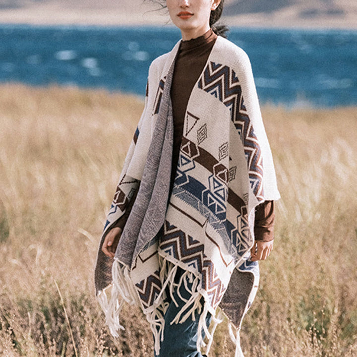 Buddha Stones Tybetańskie Fale Paski Geometria Frędzle Szal Jesień Zima Przytulny Szalik Otulacz - image 12