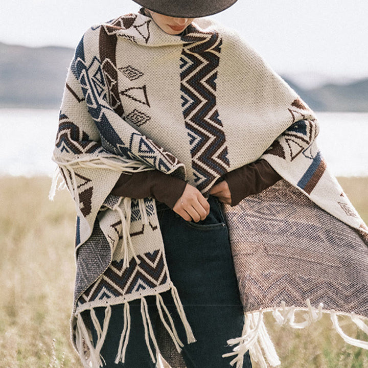 Buddha Stones Tybetańskie Fale Paski Geometria Frędzle Szal Jesień Zima Przytulny Szalik Otulacz - image 9