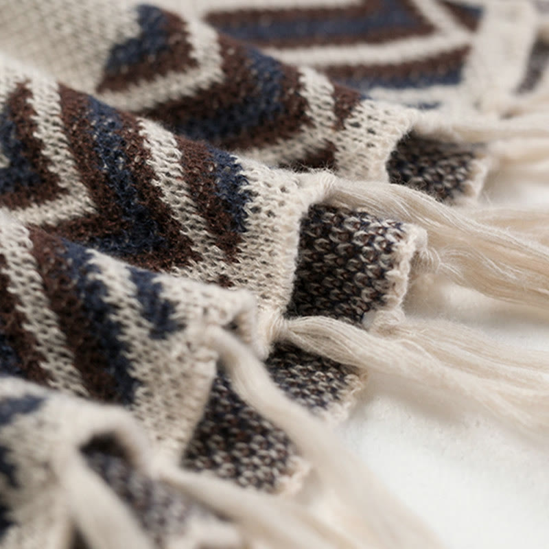 Buddha Stones Tybetańskie Fale Paski Geometria Frędzle Szal Jesień Zima Przytulny Szalik Otulacz - image 19