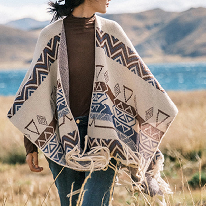 Buddha Stones Tybetańskie Fale Paski Geometria Frędzle Szal Jesień Zima Przytulny Szalik Otulacz - image 14