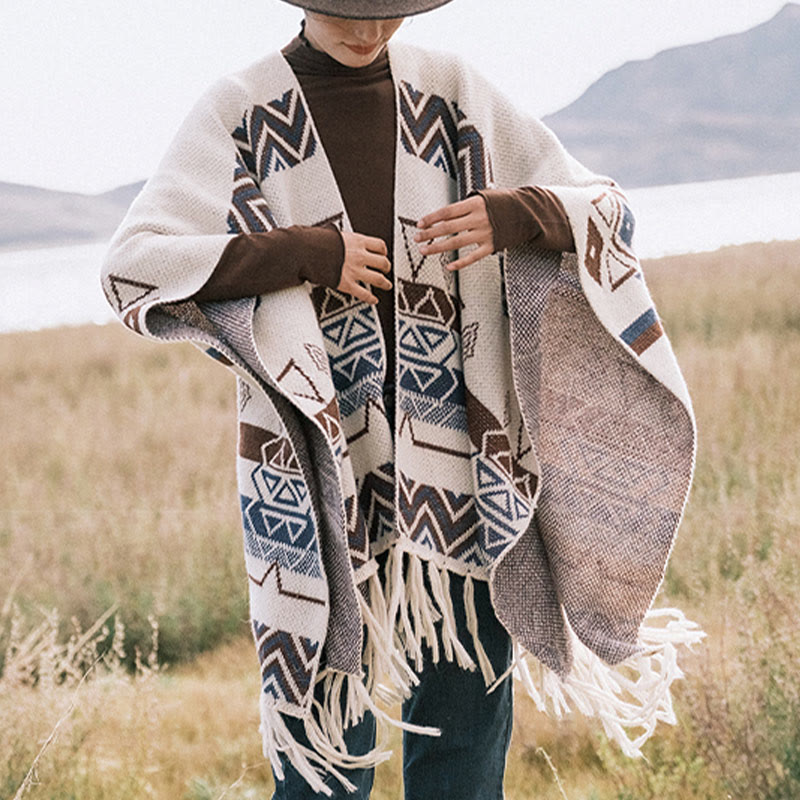 Buddha Stones Tybetańskie Fale Paski Geometria Frędzle Szal Jesień Zima Przytulny Szalik Otulacz - image 10