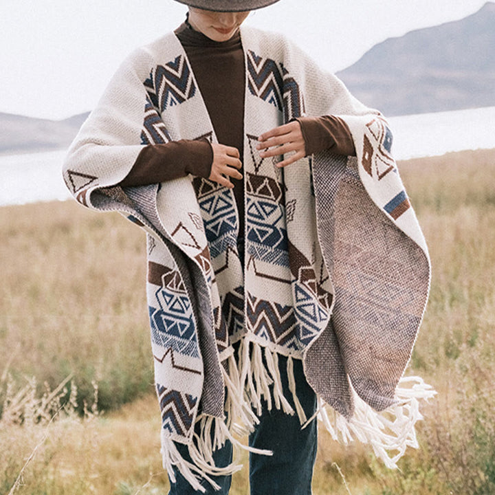 Buddha Stones Tybetańskie Fale Paski Geometria Frędzle Szal Jesień Zima Przytulny Szalik Otulacz - image 10