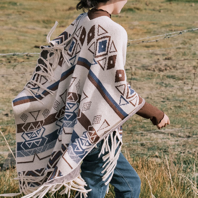 Buddha Stones Tybetańskie Fale Paski Geometria Frędzle Szal Jesień Zima Przytulny Szalik Otulacz - image 8