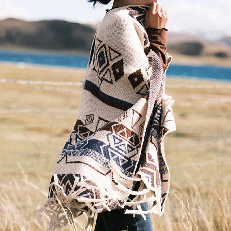 Buddha Stones Tybetańskie Fale Paski Geometria Frędzle Szal Jesień Zima Przytulny Szalik Otulacz - image 6