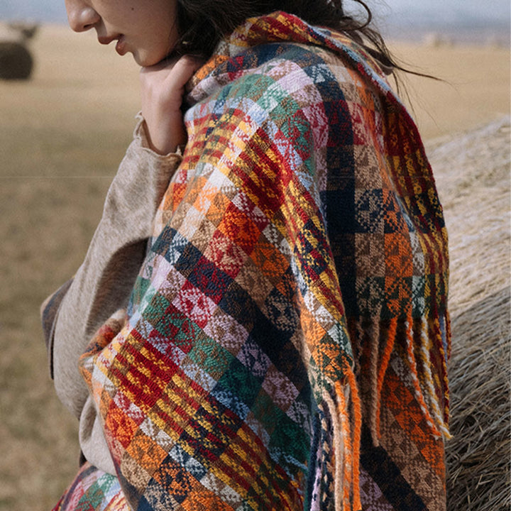 Buddha Stones Tybetańskie Kolorowe Paski Geometria Chwosty Szal Jesień Zima Miękki Szalik Otulacz - image 13