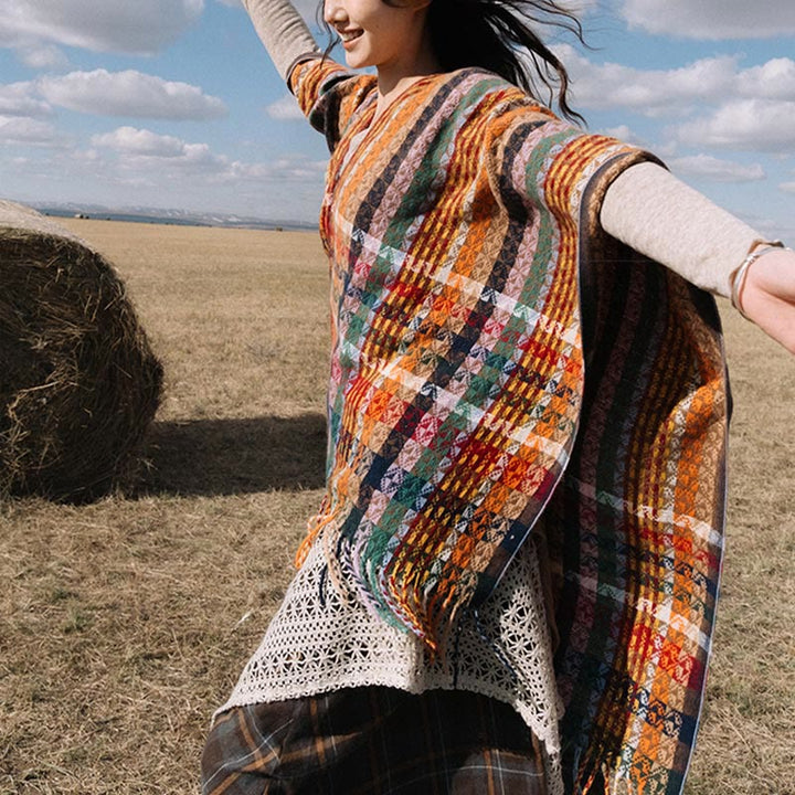 Buddha Stones Tybetańskie Kolorowe Paski Geometria Chwosty Szal Jesień Zima Miękki Szalik Otulacz - image 8