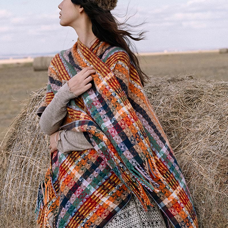 Buddha Stones Tybetańskie Kolorowe Paski Geometria Chwosty Szal Jesień Zima Miękki Szalik Otulacz - image 1