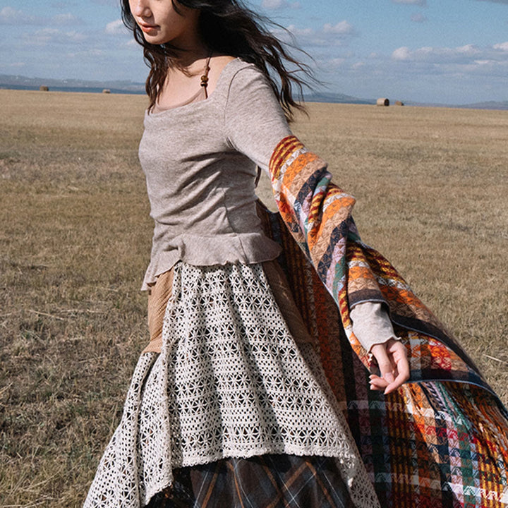 Buddha Stones Tybetańskie Kolorowe Paski Geometria Chwosty Szal Jesień Zima Miękki Szalik Otulacz - image 12