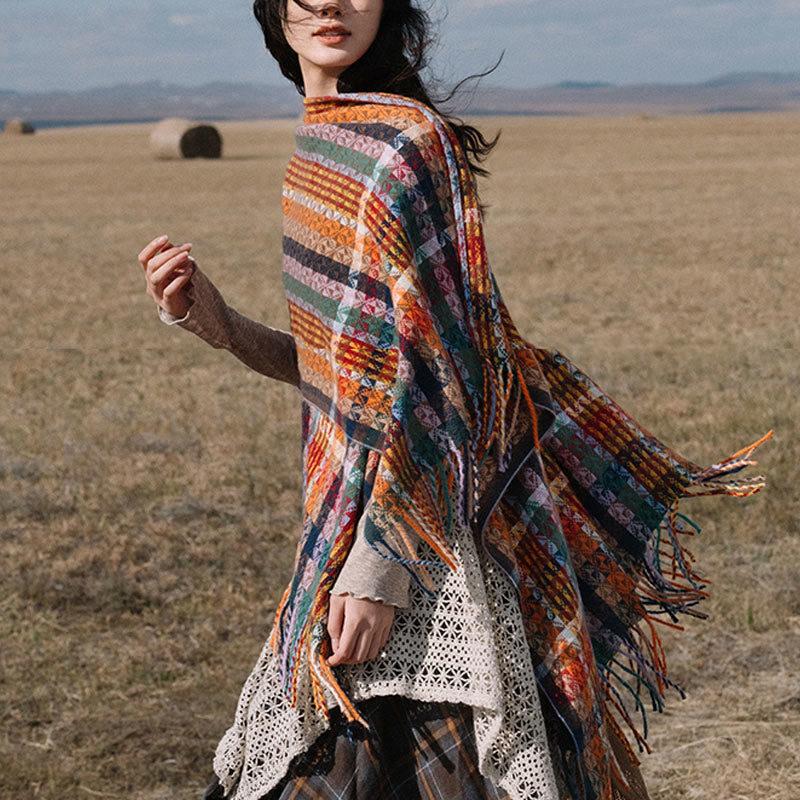 Buddha Stones Tybetańskie Kolorowe Paski Geometria Chwosty Szal Jesień Zima Miękki Szalik Otulacz - image 2