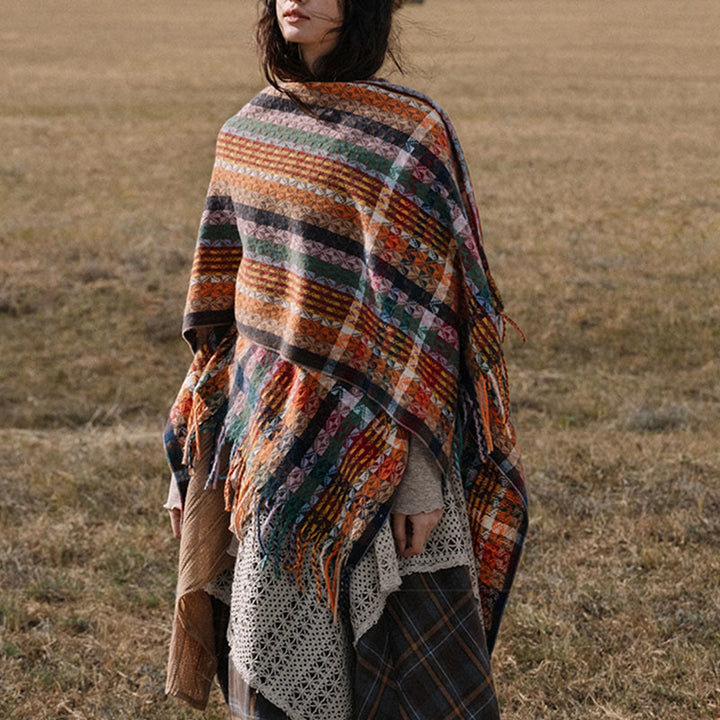 Buddha Stones Tybetańskie Kolorowe Paski Geometria Chwosty Szal Jesień Zima Miękki Szalik Otulacz - image 9