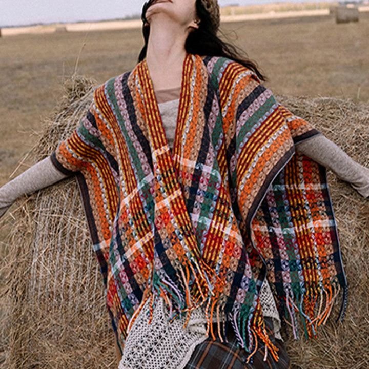 Buddha Stones Tybetańskie Kolorowe Paski Geometria Chwosty Szal Jesień Zima Miękki Szalik Otulacz - image 11