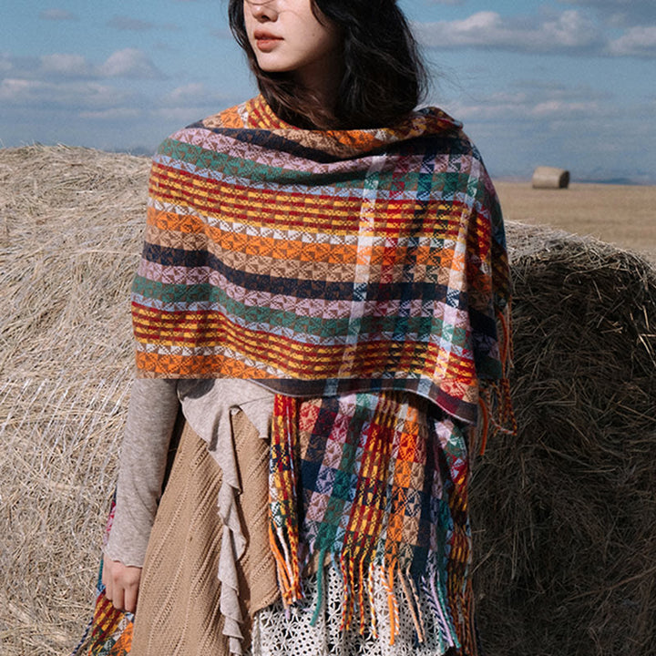 Buddha Stones Tybetańskie Kolorowe Paski Geometria Chwosty Szal Jesień Zima Miękki Szalik Otulacz - image 10