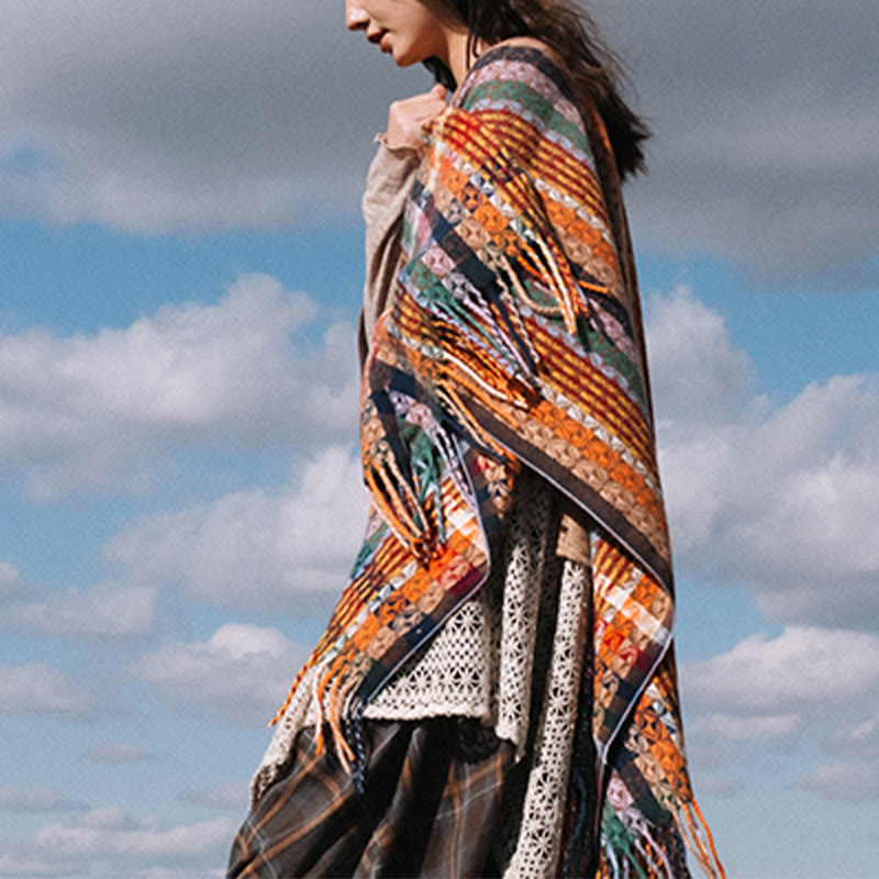 Buddha Stones Tybetańskie Kolorowe Paski Geometria Chwosty Szal Jesień Zima Miękki Szalik Otulacz - image 7