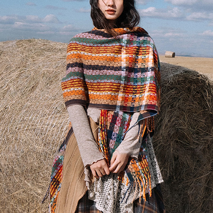 Buddha Stones Tybetańskie Kolorowe Paski Geometria Chwosty Szal Jesień Zima Miękki Szalik Otulacz - image 6