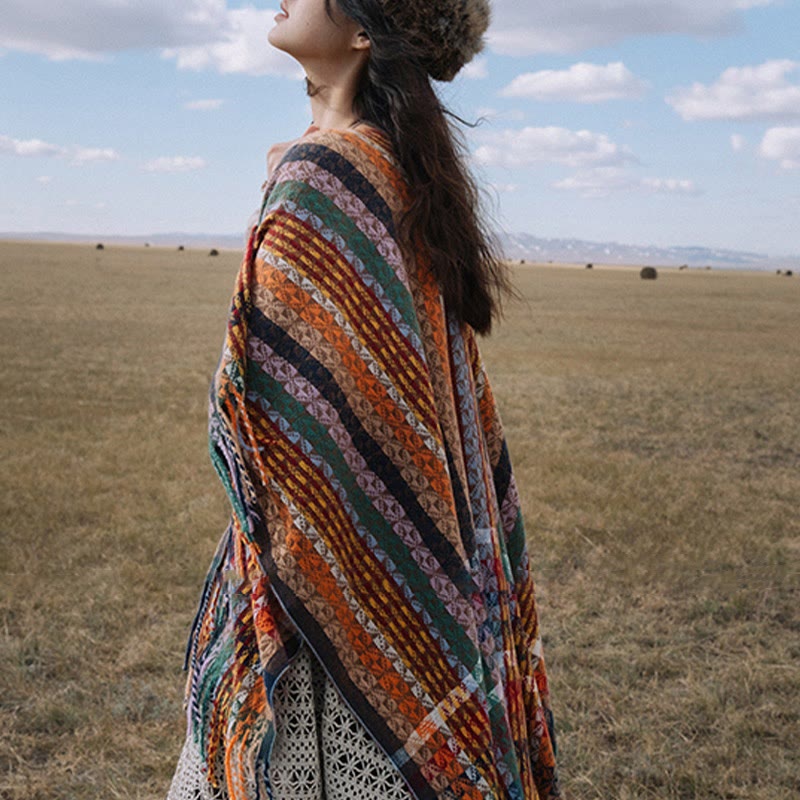 Buddha Stones Tybetańskie Kolorowe Paski Geometria Chwosty Szal Jesień Zima Miękki Szalik Otulacz - image 4