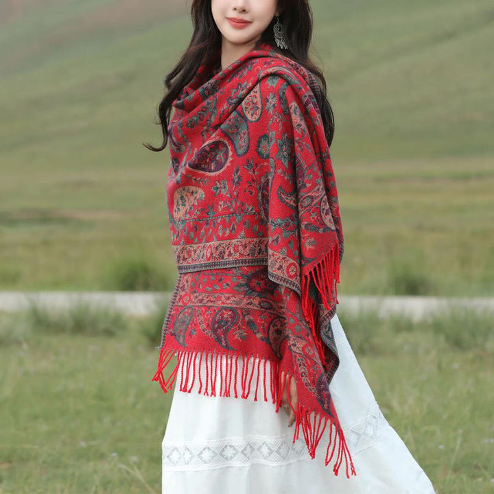 Buddha Stones Tybetańskie Kwiaty Nerkowca Liście Winorośli Chwosty Szal Jesień Zima Miękki Przytulny Szalik Otulacz - image 1