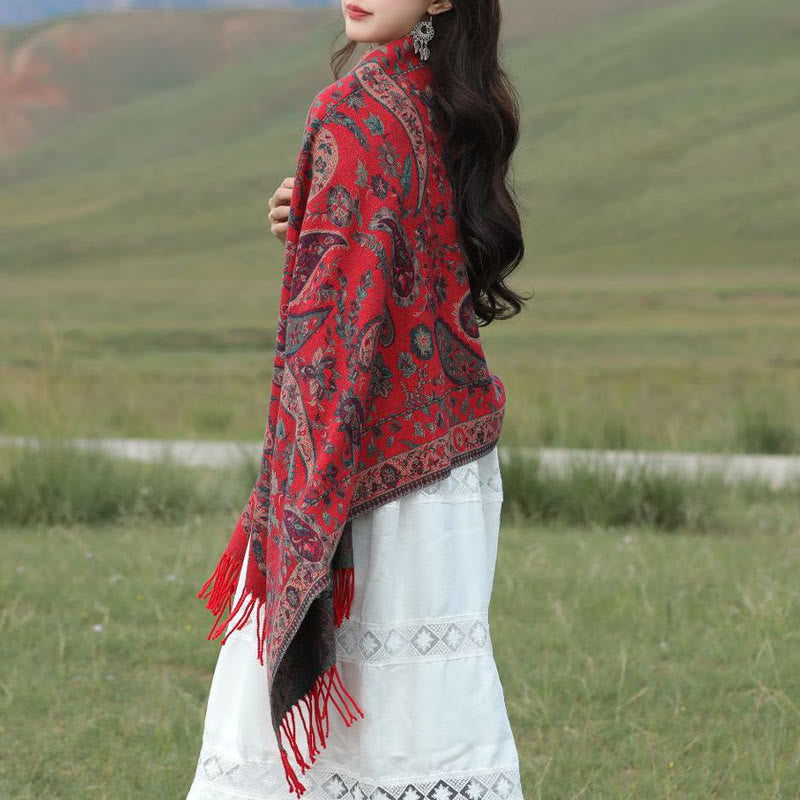 Buddha Stones Tybetańskie Kwiaty Nerkowca Liście Winorośli Chwosty Szal Jesień Zima Miękki Przytulny Szalik Otulacz - image 2