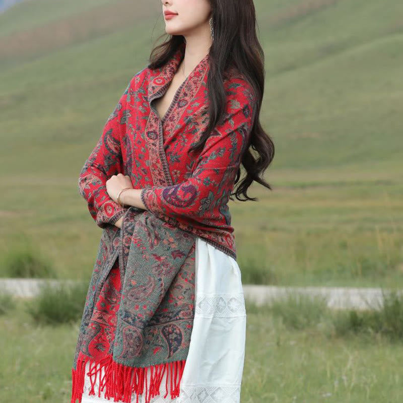 Buddha Stones Tybetańskie Kwiaty Nerkowca Liście Winorośli Chwosty Szal Jesień Zima Miękki Przytulny Szalik Otulacz - image 4