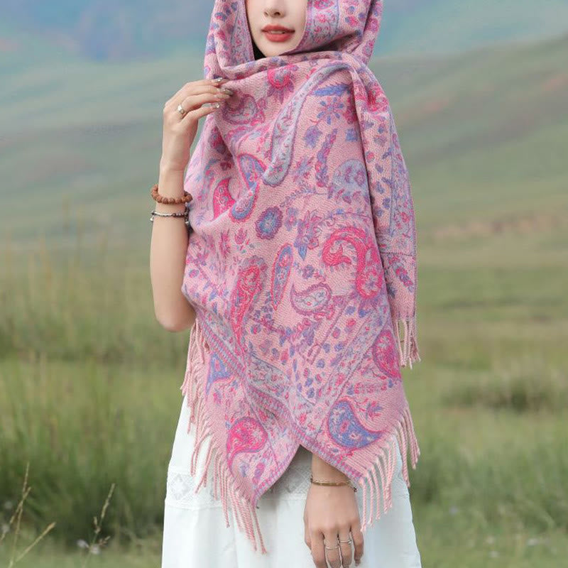 Buddha Stones Tybetańskie Kwiaty Nerkowca Liście Winorośli Chwosty Szal Jesień Zima Miękki Przytulny Szalik Otulacz - Róża czerwona 70*180cm - image 10