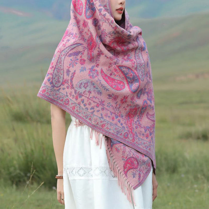 Buddha Stones Tybetańskie Kwiaty Nerkowca Liście Winorośli Chwosty Szal Jesień Zima Miękki Przytulny Szalik Otulacz - image 11