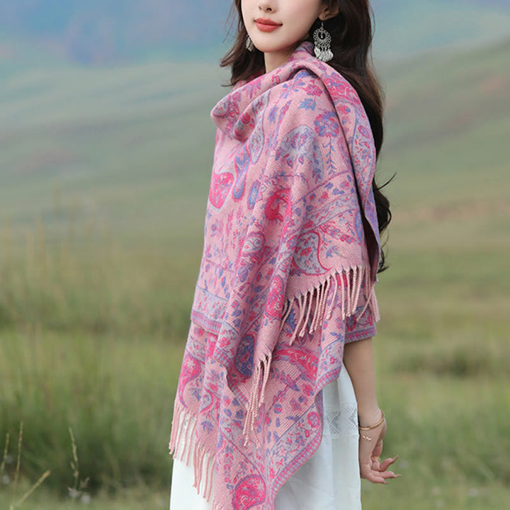 Buddha Stones Tybetańskie Kwiaty Nerkowca Liście Winorośli Chwosty Szal Jesień Zima Miękki Przytulny Szalik Otulacz - image 12