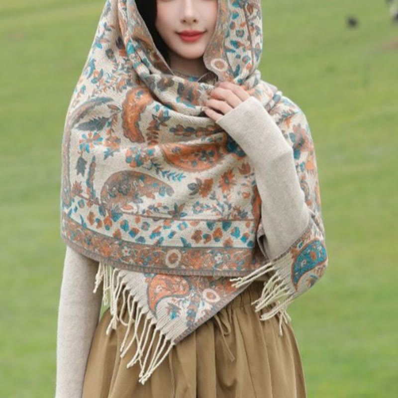 Buddha Stones Tybetańskie Kwiaty Nerkowca Liście Winorośli Chwosty Szal Jesień Zima Miękki Przytulny Szalik Otulacz - image 15
