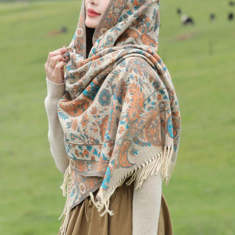Buddha Stones Tybetańskie Kwiaty Nerkowca Liście Winorośli Chwosty Szal Jesień Zima Miękki Przytulny Szalik Otulacz - image 16