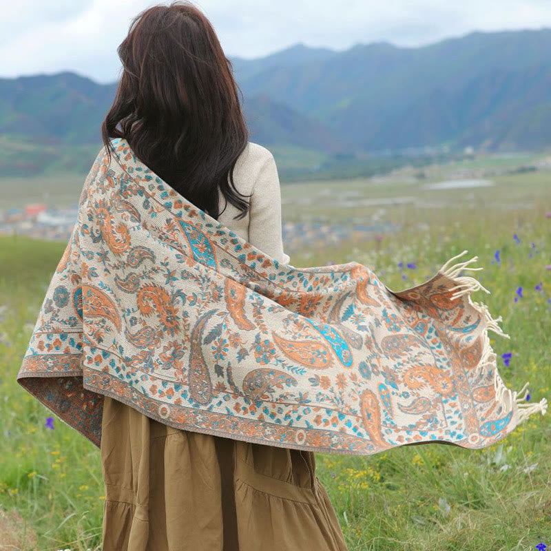 Buddha Stones Tybetańskie Kwiaty Nerkowca Liście Winorośli Chwosty Szal Jesień Zima Miękki Przytulny Szalik Otulacz - image 18
