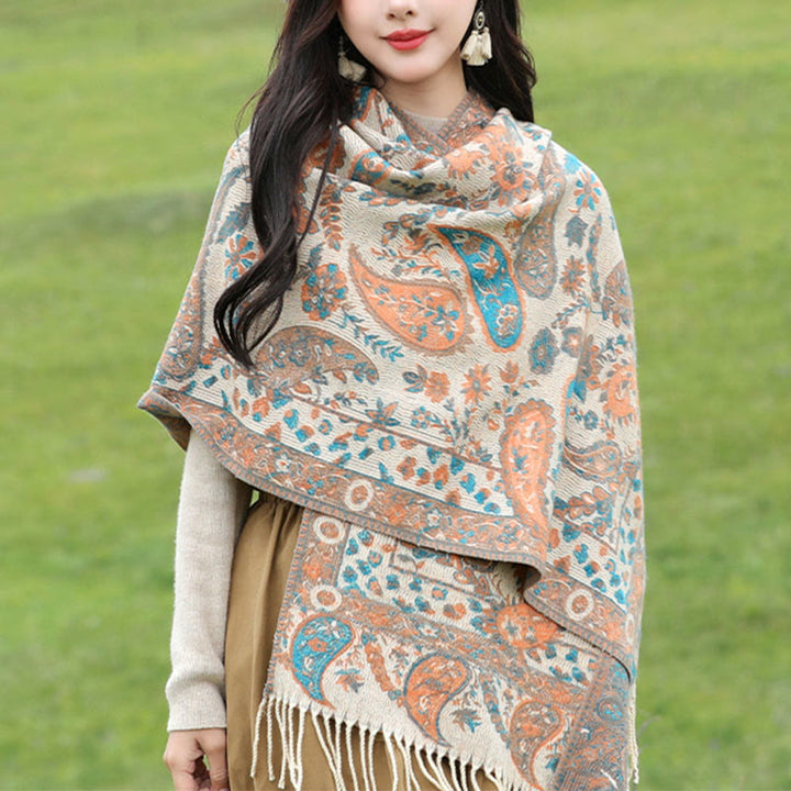 Buddha Stones Tybetańskie Kwiaty Nerkowca Liście Winorośli Chwosty Szal Jesień Zima Miękki Przytulny Szalik Otulacz - Khaki 70*180cm - image 14