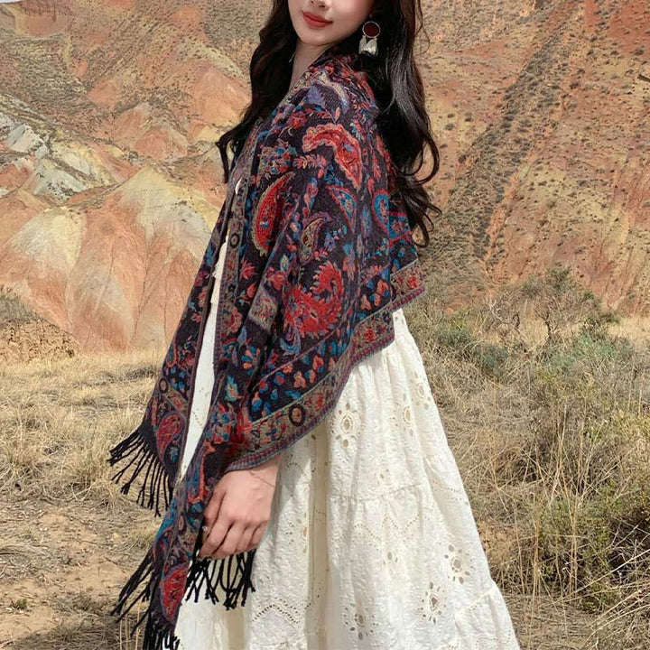 Buddha Stones Tybetańskie Kwiaty Nerkowca Liście Winorośli Chwosty Szal Jesień Zima Miękki Przytulny Szalik Otulacz - image 29