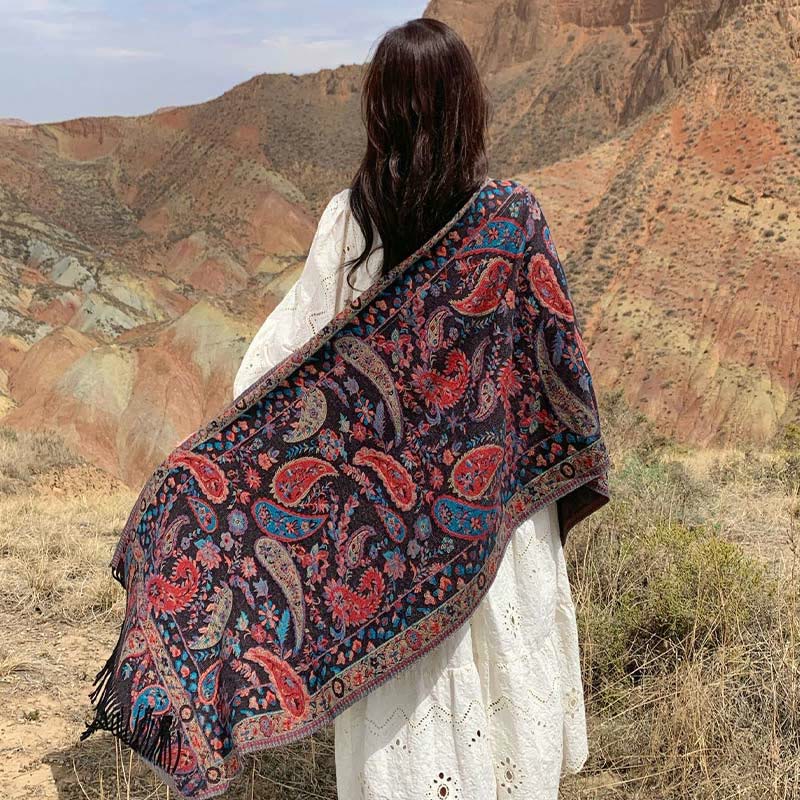 Buddha Stones Tybetańskie Kwiaty Nerkowca Liście Winorośli Chwosty Szal Jesień Zima Miękki Przytulny Szalik Otulacz - image 30