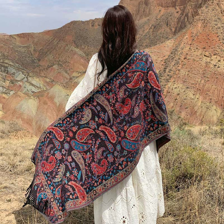 Buddha Stones Tybetańskie Kwiaty Nerkowca Liście Winorośli Chwosty Szal Jesień Zima Miękki Przytulny Szalik Otulacz - image 30