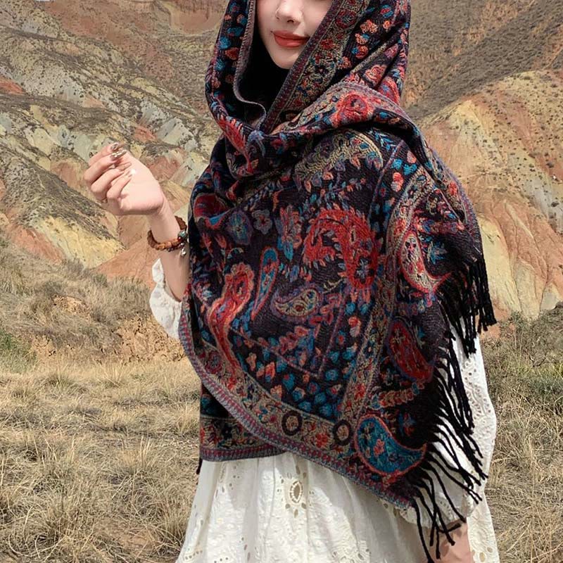 Buddha Stones Tybetańskie Kwiaty Nerkowca Liście Winorośli Chwosty Szal Jesień Zima Miękki Przytulny Szalik Otulacz - Brązowy 70*180cm - image 27