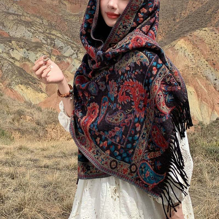 Buddha Stones Tybetańskie Kwiaty Nerkowca Liście Winorośli Chwosty Szal Jesień Zima Miękki Przytulny Szalik Otulacz - Brązowy 70*180cm - image 27