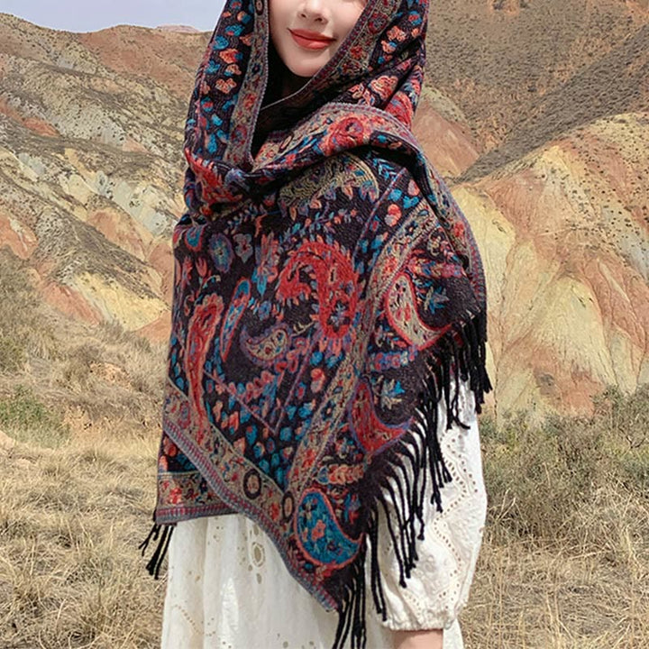 Buddha Stones Tybetańskie Kwiaty Nerkowca Liście Winorośli Chwosty Szal Jesień Zima Miękki Przytulny Szalik Otulacz - image 31