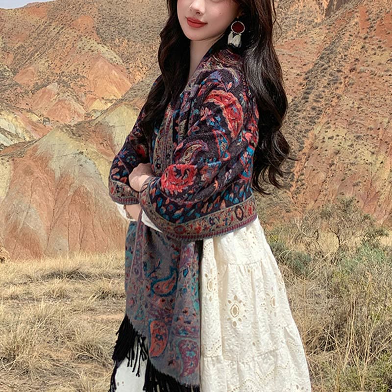 Buddha Stones Tybetańskie Kwiaty Nerkowca Liście Winorośli Chwosty Szal Jesień Zima Miękki Przytulny Szalik Otulacz - image 32