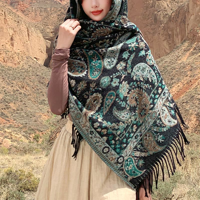 Buddha Stones Tybetańskie Kwiaty Nerkowca Liście Winorośli Chwosty Szal Jesień Zima Miękki Przytulny Szalik Otulacz - Zielony 70*180cm - image 34