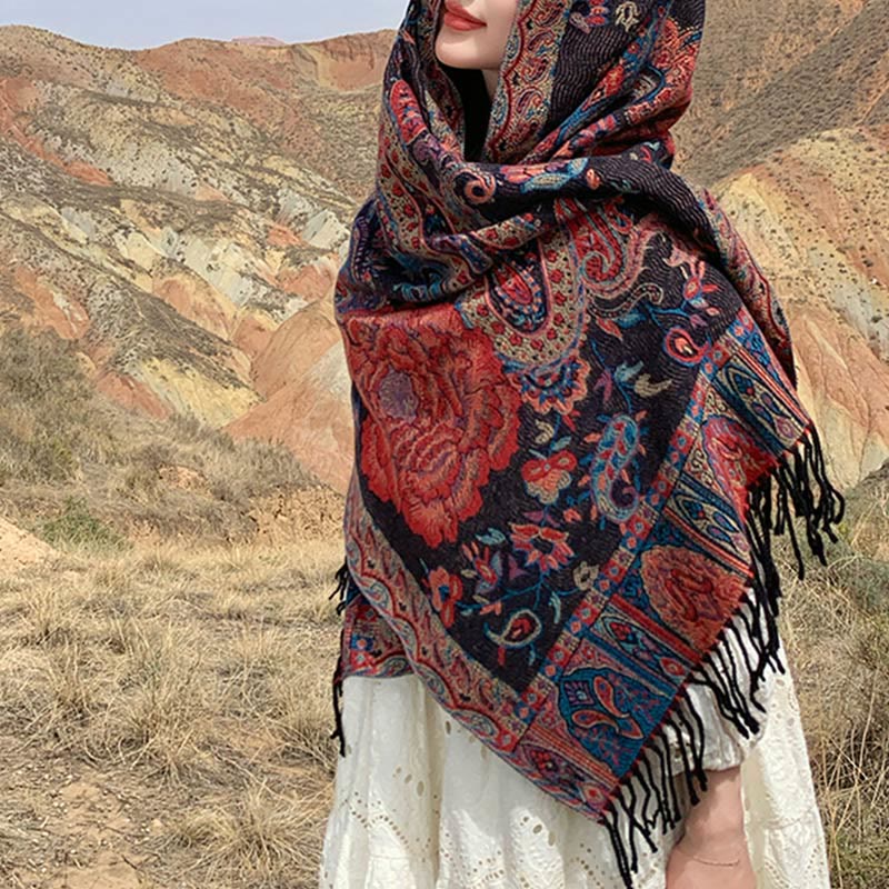 Buddha Stones Tybetańskie Orzechy Nerkowca Kwiaty Piwonii Winorośl Frędzle Szal Jesień Zima Przytulny Szalik Otulacz - image 9