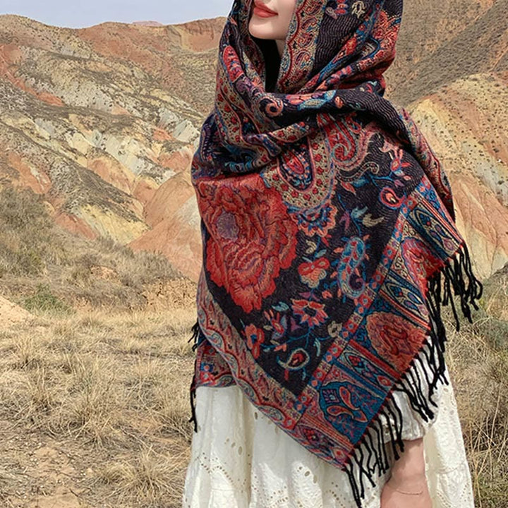 Buddha Stones Tybetańskie Orzechy Nerkowca Kwiaty Piwonii Winorośl Frędzle Szal Jesień Zima Przytulny Szalik Otulacz - image 9