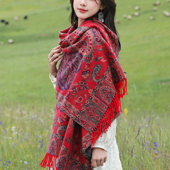 Buddha Stones Tybetańskie Orzechy Nerkowca Kwiaty Piwonii Winorośl Frędzle Szal Jesień Zima Przytulny Szalik Otulacz - image 17