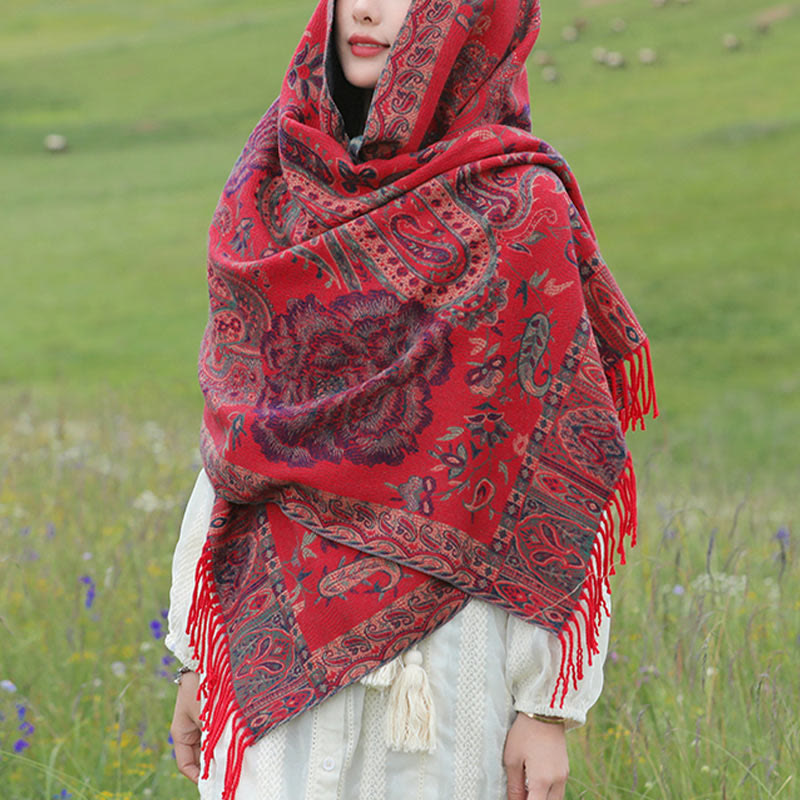 Buddha Stones Tybetańskie Orzechy Nerkowca Kwiaty Piwonii Winorośl Frędzle Szal Jesień Zima Przytulny Szalik Otulacz - image 18