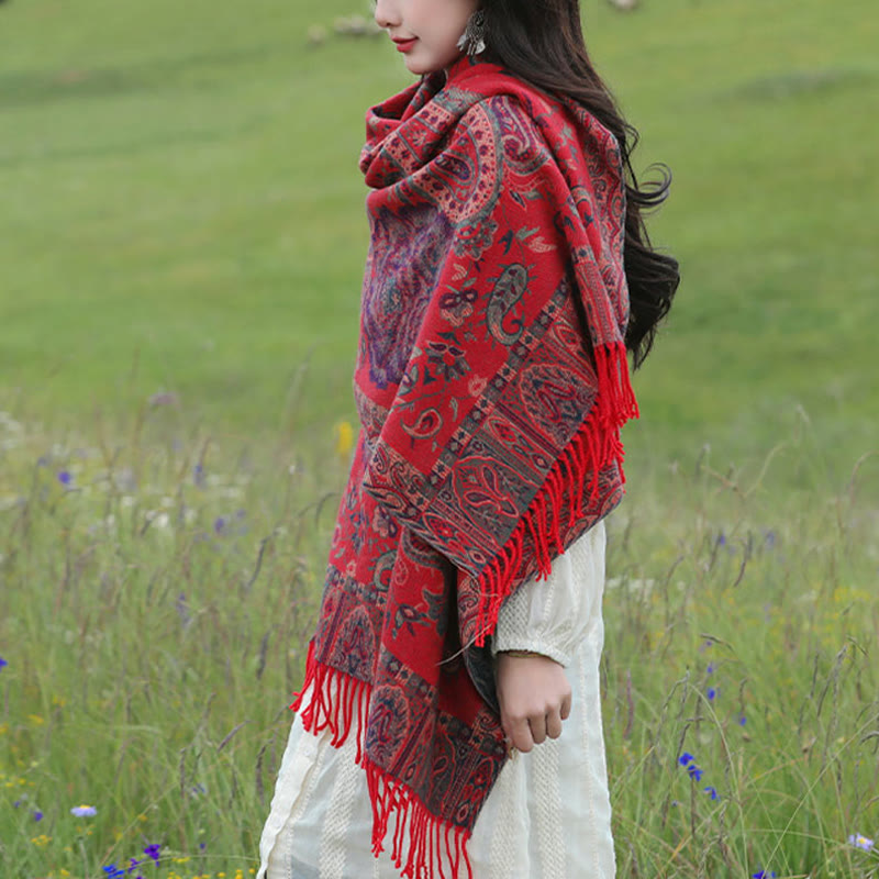 Buddha Stones Tybetańskie Orzechy Nerkowca Kwiaty Piwonii Winorośl Frędzle Szal Jesień Zima Przytulny Szalik Otulacz - image 19